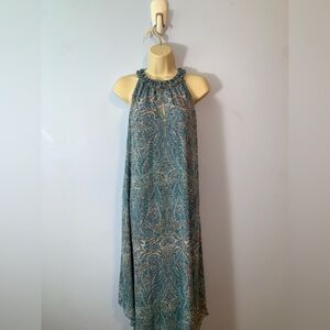 Ramy brook Blue Paisley Halter Dress curve hem long sz small chiffon ruffle neck